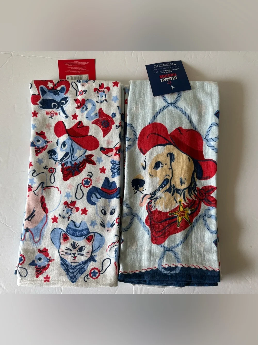 Kitchen Towels Americana Western Dog Animals Cats Cowboy Hats 2 Sets NEW